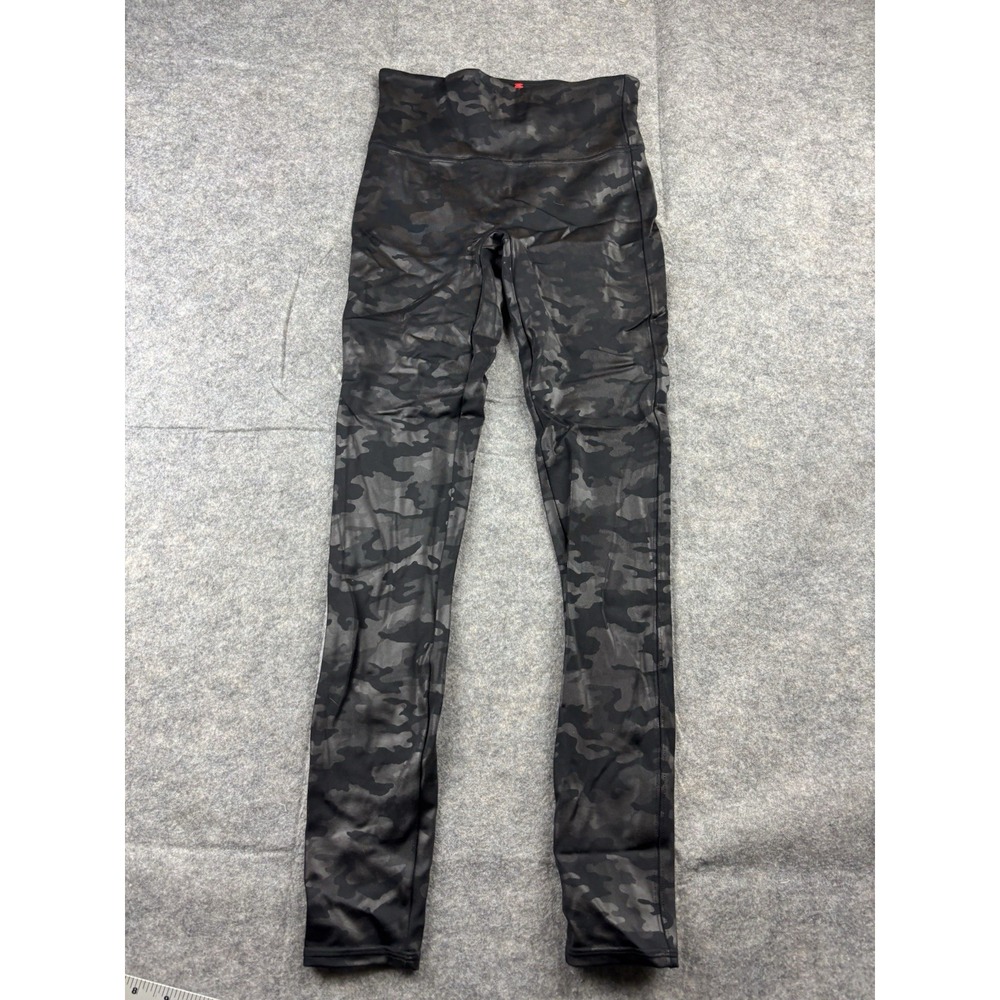 Spanx Black Shiny Faux Leather Camo Leggings Power Waistband 20185R EUC Size S‎